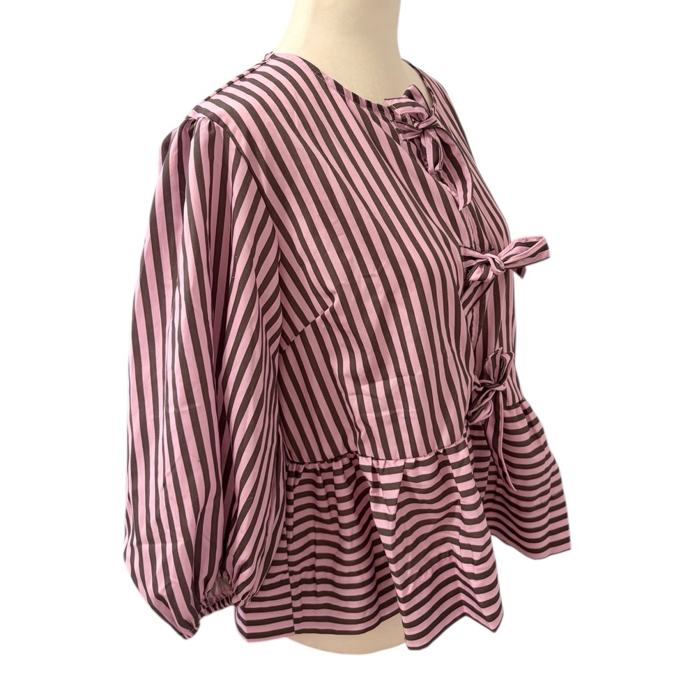 NEW Pink Striped Bow Front Large Peplum Blouse Puff Sleeve Top Coquette - Picture 4 of 8